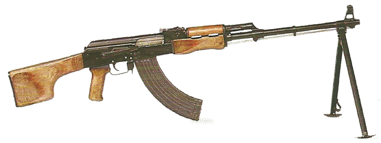 Then there's the machine gun variations, starting with the RPK which is a light machine gun. It had a larger magazine and a longer barrel than the AK so that it could be used for suppressive fire.