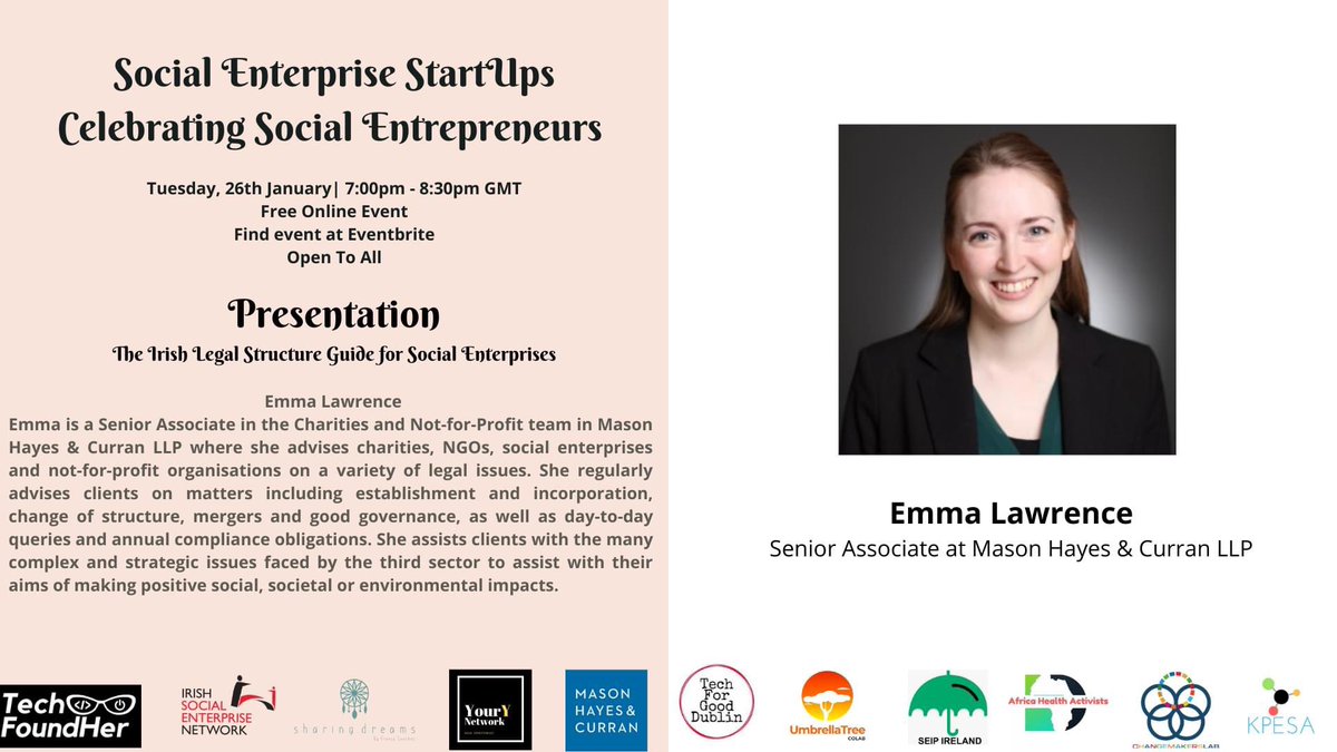 We can’t wait to hear from Emma Lawrence, Senior Associate at @MHCLawyers LLP, about the Irish legal structure guide for social enterprises!  

You can sign up for this great @YourYNetwork1 event here: eventbrite.ie/e/social-enter…

#KnowYourY #SocialEnterprise #LegalAdvise