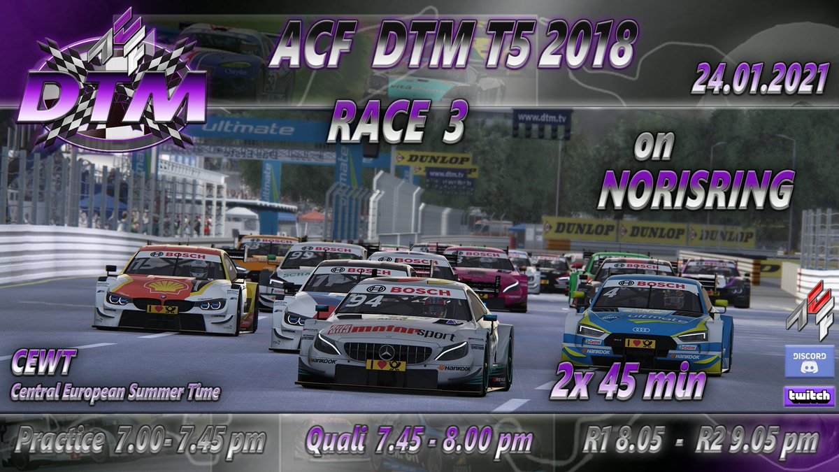 Raceday: 
Im 3. Rennen der #ACFriends #DTM2021 geht es heute auf den <a href="/Norisring/">Norisring</a> . 

⏰19 Uhr
Stream: bit.ly/3686cPi (official)

#Simracing <a href="/AresGamingDE/">Ares Gaming</a>