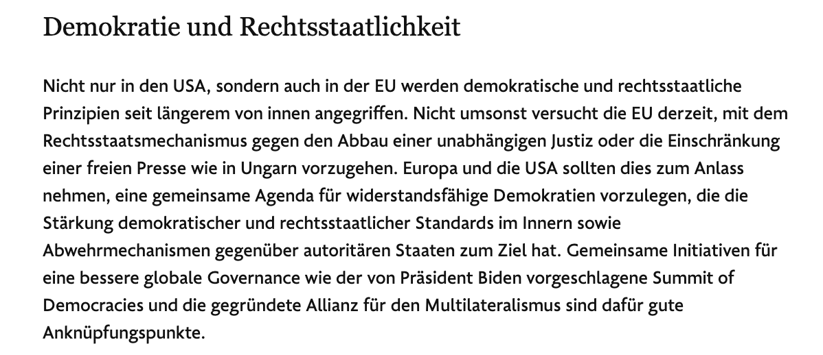 Greens propose "transatlantic agenda for resilient democracies" to guard against those undermining rule of law from within (such as Orbán) & "defense mechanisms against authoritarian states". Say Biden's Summit for Democracy & D-F "Alliance for Multilateralism" good fit for this.