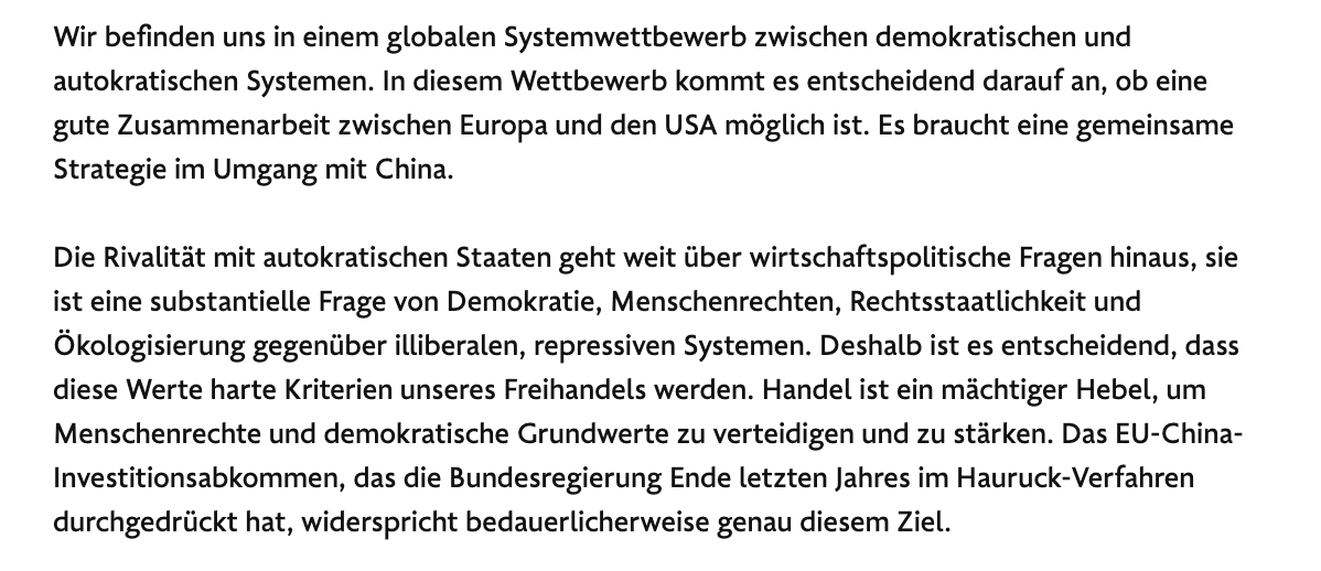 Green party leaders: "We are in global competition of systems between democratic and authoritarian systems. In this competition it's crucial whether good cooperation between EU & US possible. We need joint China strategy".Baerbock & Habeck clearly position themselves against CAI