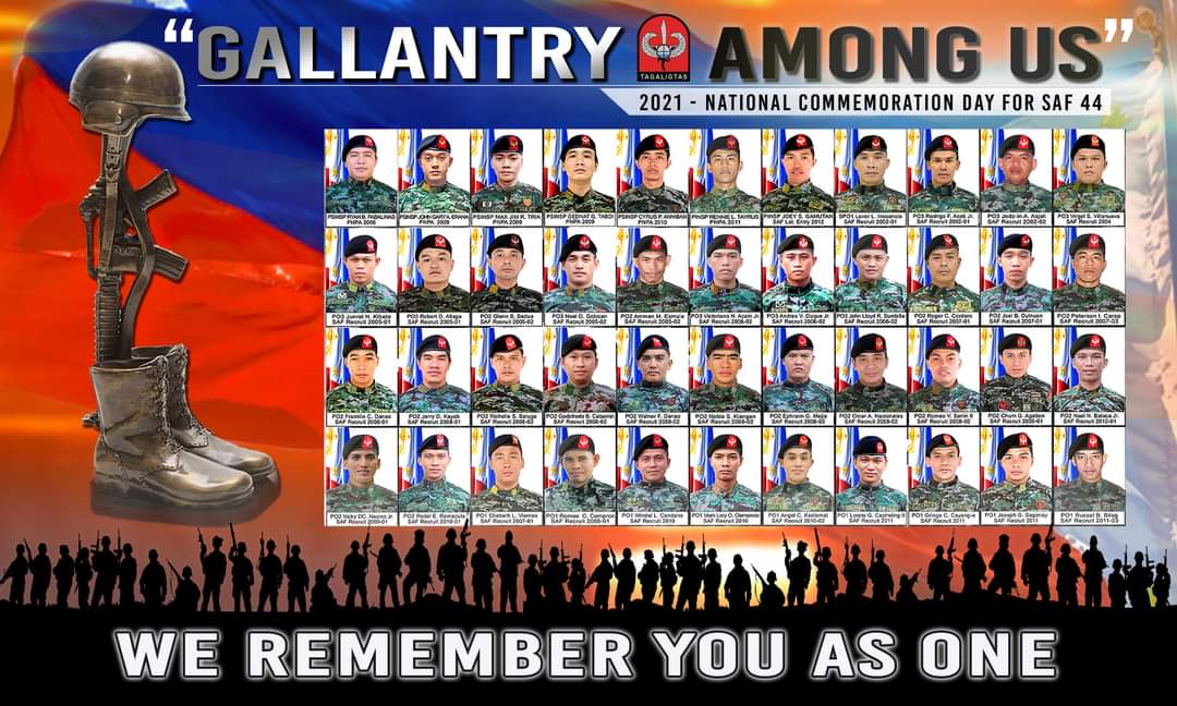 PNPRmfb1502ndMC's tweet photo. 2021 NATIONAL COMMEMORATION DAY FOR SAF 44

"The heroism of the 44 members of the elite Special Action Force (SAF) of the Philippine National Police (PNP) is a story that should be retold to the next generations"

#PNPKakampiMo
#RMFB15Cares
#TeamPNP
#WeServeAndProtect
#SAF44 https://t.co/49Hz8qbIym