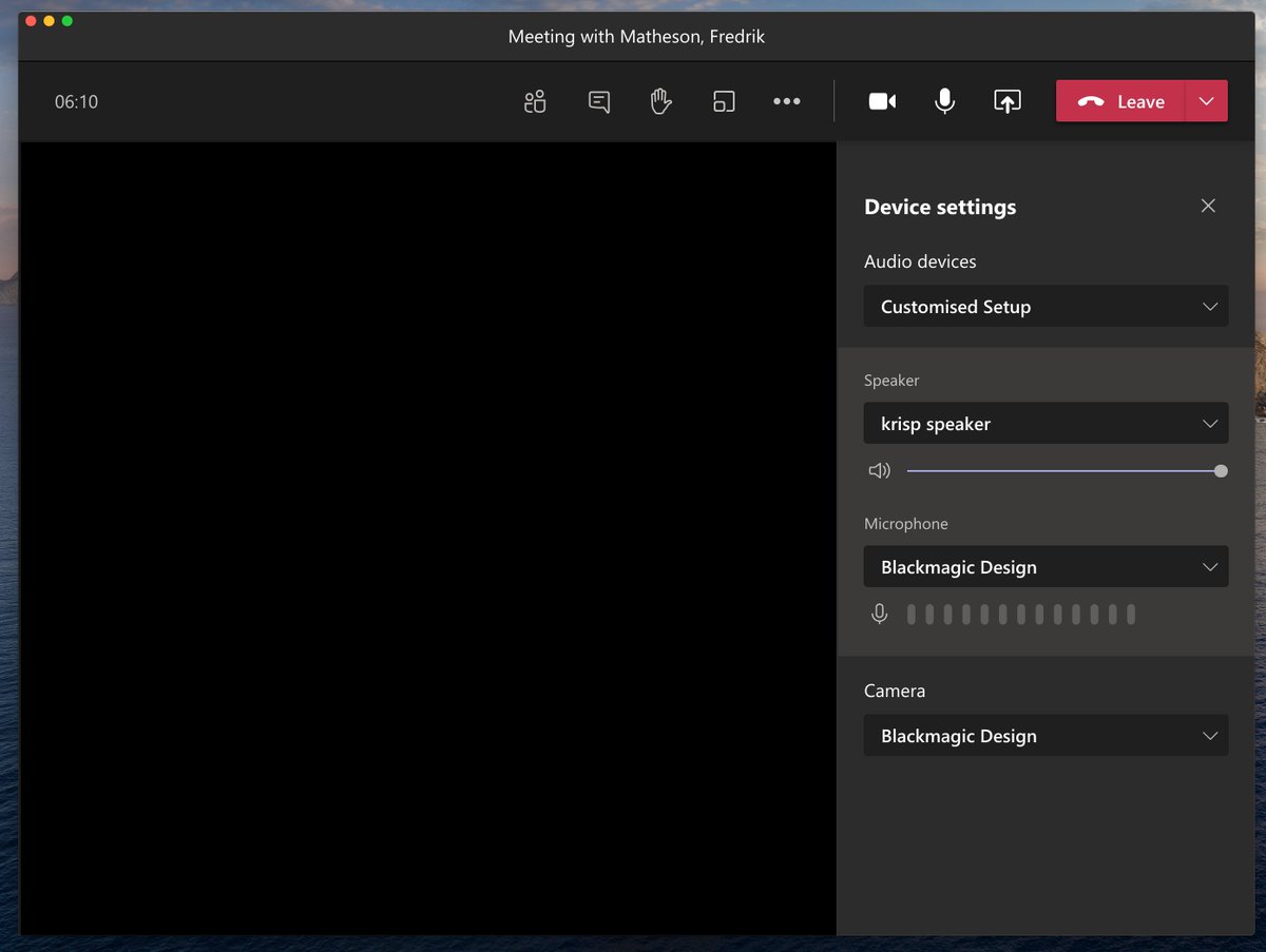 Finally. You make the window bigger and see Device settings. You can select speakers and mics, etc. This looks really good, until someone says "We can't hear you" and you try to figure out what's wrong.Quick: are you using Computer audio or Room audio for this meeting?