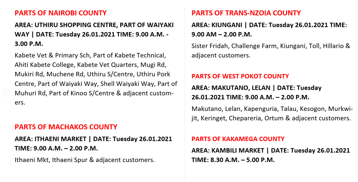 KenyaPower_Care's tweet photo. Good afternoon to our customers.

These areas will be affected by planned power interruptions to carry out network maintenance. To confirm your locality, use the link: https://t.co/mzD2qgRcwK

For the latest schedule, click the top post on the page (example attached). ^SW https://t.co/CgQ2tGndPj