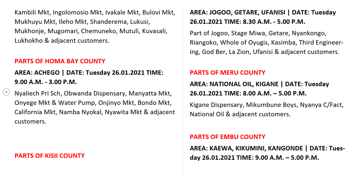 KenyaPower_Care's tweet photo. Good afternoon to our customers.

These areas will be affected by planned power interruptions to carry out network maintenance. To confirm your locality, use the link: https://t.co/mzD2qgRcwK

For the latest schedule, click the top post on the page (example attached). ^SW https://t.co/CgQ2tGndPj
