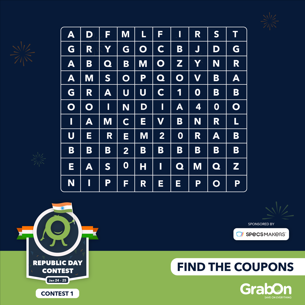 GrabOnIn's tweet photo. Contest 1
Find the 5 coupon codes of Republic Day offers hidden on GrabOn Republic Day offers page ( https://t.co/WDrj2gAlDI). Comment or DM your answers and 3 winners will get Rs.1500 vouchers each from Specsmakers.
Follow GrabOn and @specsmakersopt, Find all the 5 coupon codes. https://t.co/zw97EabBcy