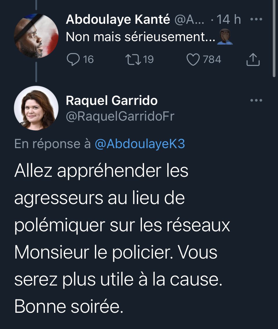 Zepapou's tweet photo. Et @RaquelGarridoFr persiste en agressant @AbdoulayeK3. Tout mon soutien, « Monsieur le policier » https://t.co/V4kOKecrjp
