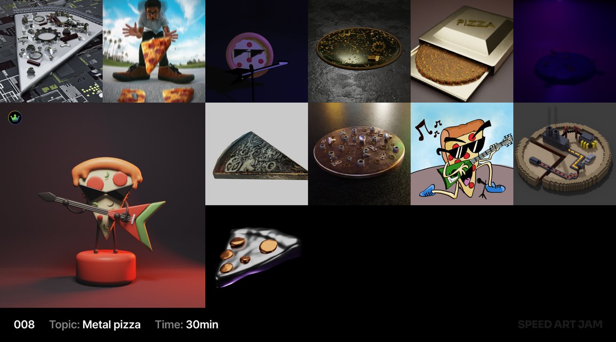 Last week's speed art jam -> Topic = Metal pizza. Winning entry by <a href="/kash_cg_art/">kash</a>. Congratulations to all those who participated 👏
.
.
#blender