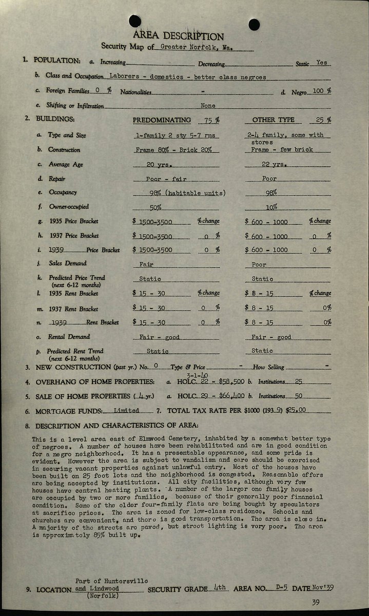 And here is one of the data sheets that was used in making the 1940 map. Race is all over it, from the quantification of race to the overtly racist description of the area. All these data sheets are available on the map embedded in the story:  https://bit.ly/39WKSxv&nbsp; 7/