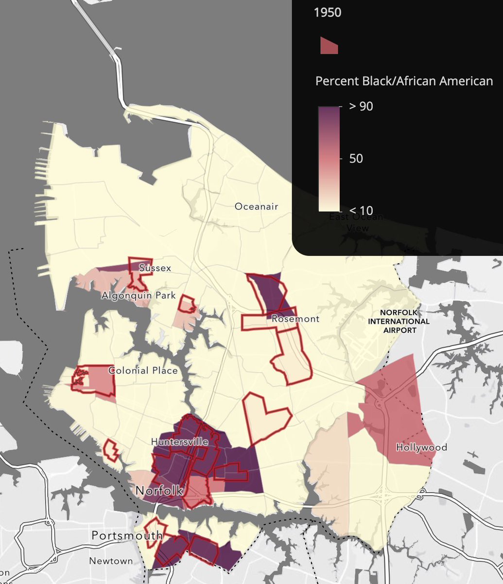 Here’s what Norfolk’s redlining map looks like overlaid on 1950 census data by race. Across Hampton Roads, 30 neighborhoods were redlined. Half were entirely Black. Less than 1/3 were majority white. No Black neighborhood escaped being redlined. 6/
