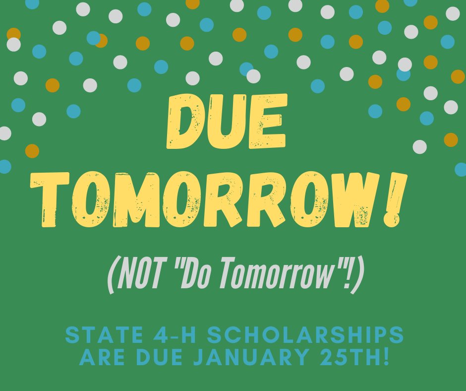 We in the final hours, 10th-12th graders! We hope you are putting the finishing touches on your <a href="/Indiana4H/">Indiana 4-H</a> State Scholarships, they are due tomorrow! 
Read all of the instructions on how to submit, and more at extension.purdue.edu/4h/Pages/schol…