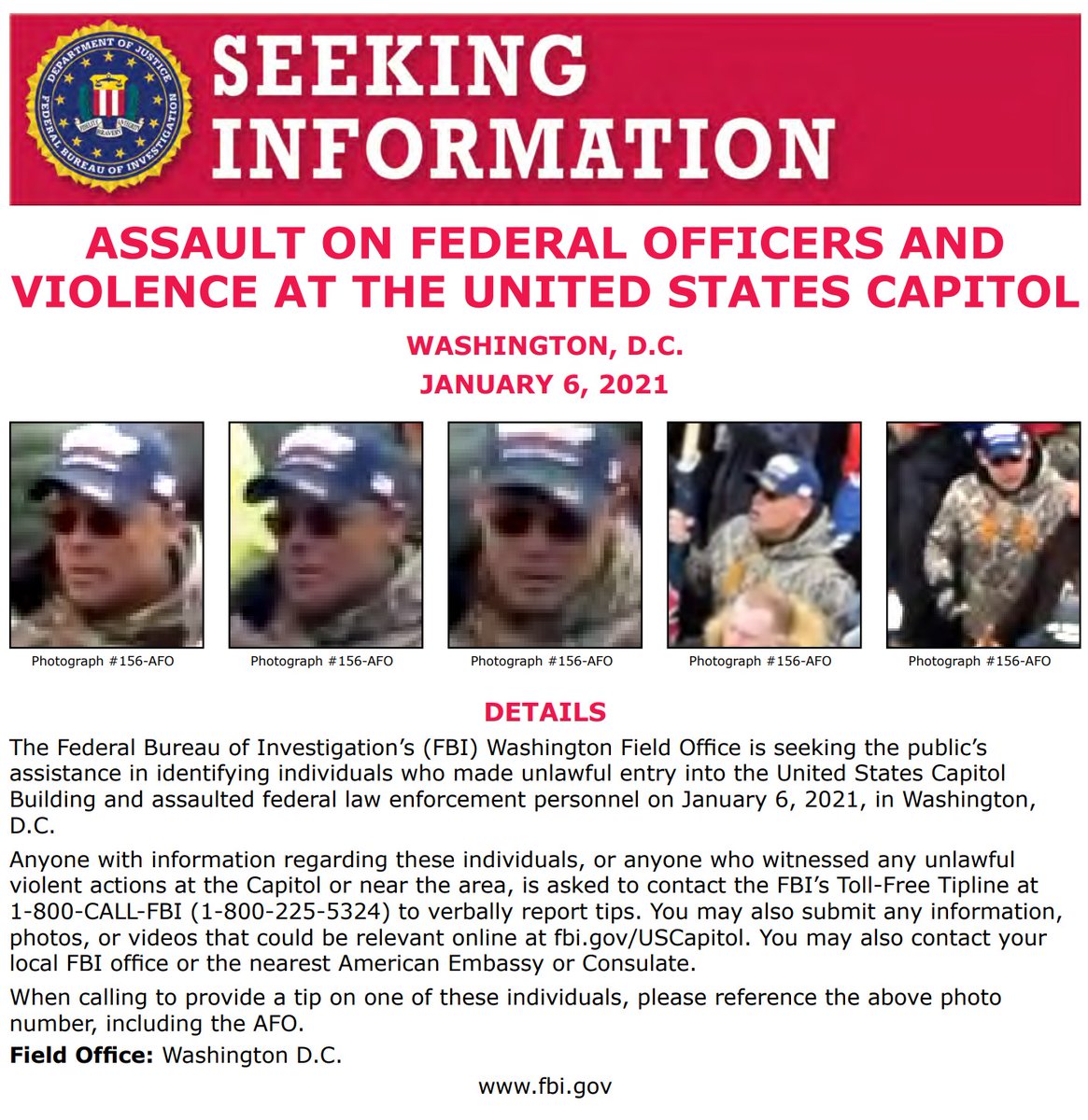 NEW: #FBIWFO is seeking the public’s assistance in identifying this individual who made unlawful entry into the US Capitol &amp; assaulted law enforcement on January 6th. If you have info, call 1800CALLFBI or submit info to tips.fbi.gov. fbi.gov/wanted/seeking…