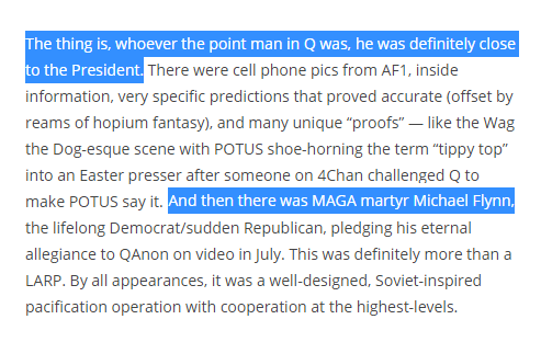 Q - a massive deceptive psyop.The thing is, whoever the point man in Q was, he was definitely close to the President...it was a well-designed, Soviet-inspired pacification operation with cooperation at the highest-levels.