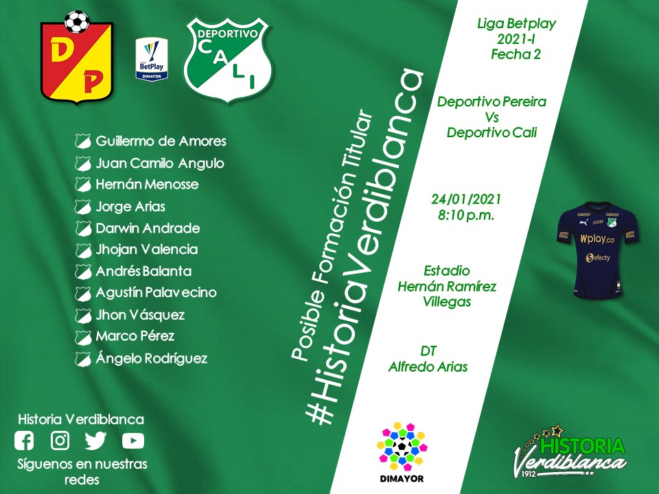 historiavyb's tweet photo. Posible formación titular del Deportivo Cali para el partido contra Deportivo Pereira por la fecha 2 de la #LigaBetPlay2021-I

#HistoriaVerdiblanca
#VamosCali

🏆 Liga Betplay Dimayor
🗓️ Enero 24 de 2021
⏰ 8:10 p.m.
🏟️ Estadio Hernán Ramírez Villegas
📺 Win Sports + https://t.co/0mEubYYb8Z