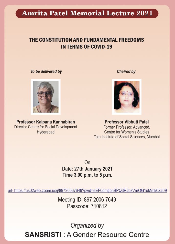 Amrita Patel memorial lecture-The constitution and fundamental freedoms in terms of Covid-19. 27th Jan, 3pm IST us02web.zoom.us/j/89720067649?…, passcode 710812. All welcome