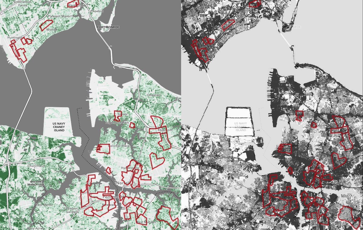 That's because redlined neighborhoods have more impervious surfaces and fewer trees. They're also more likely to be food deserts, to be overexposed to EPA toxic release sites, to have interstate highways cut through them, and to have lower air quality. 13/