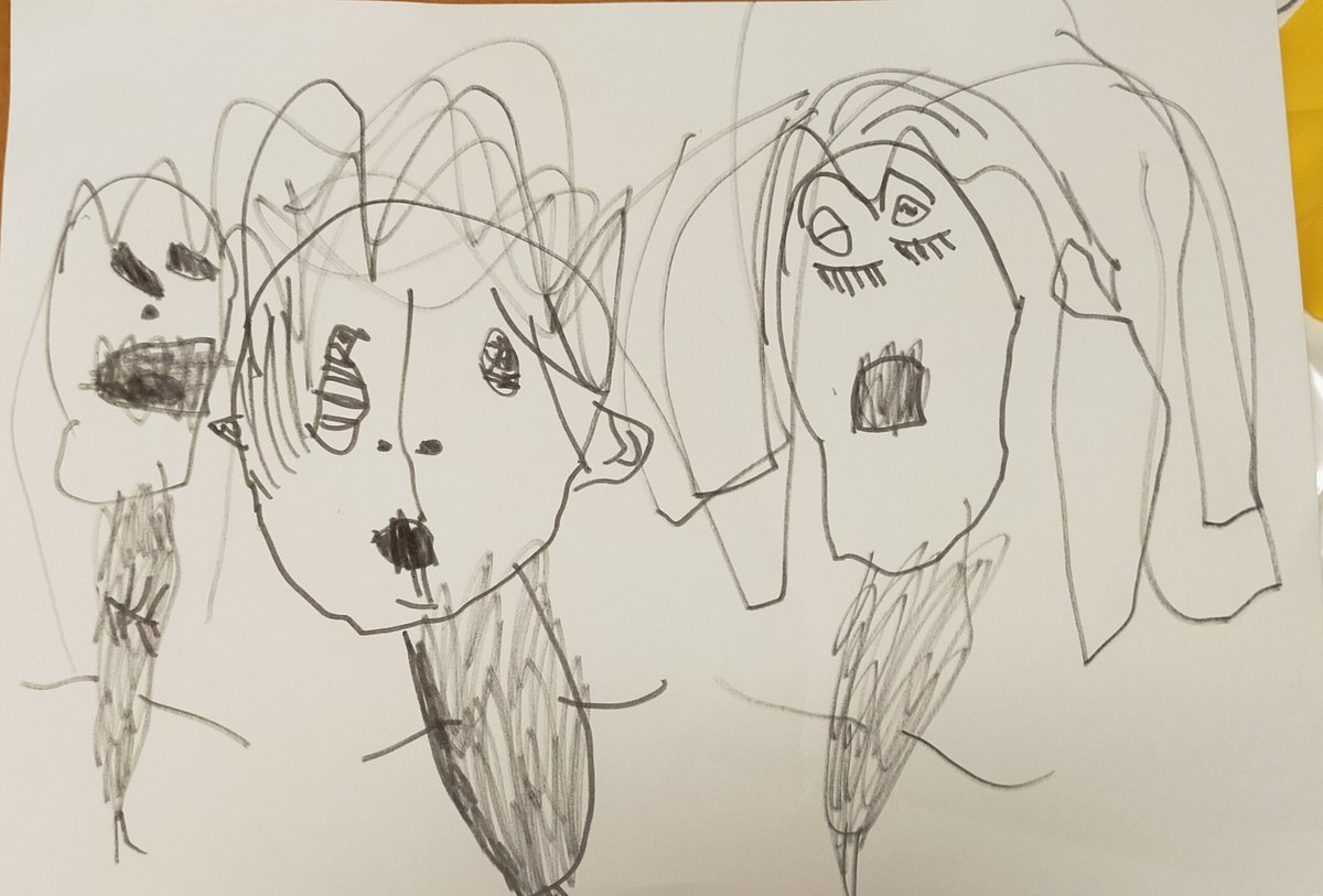 4歳が描いた絵が禍々しすぎて悪夢見そう。左から禰豆子、猗窩座、魘夢。
特に猗窩座、存在を認識した時点で呪われそう。 