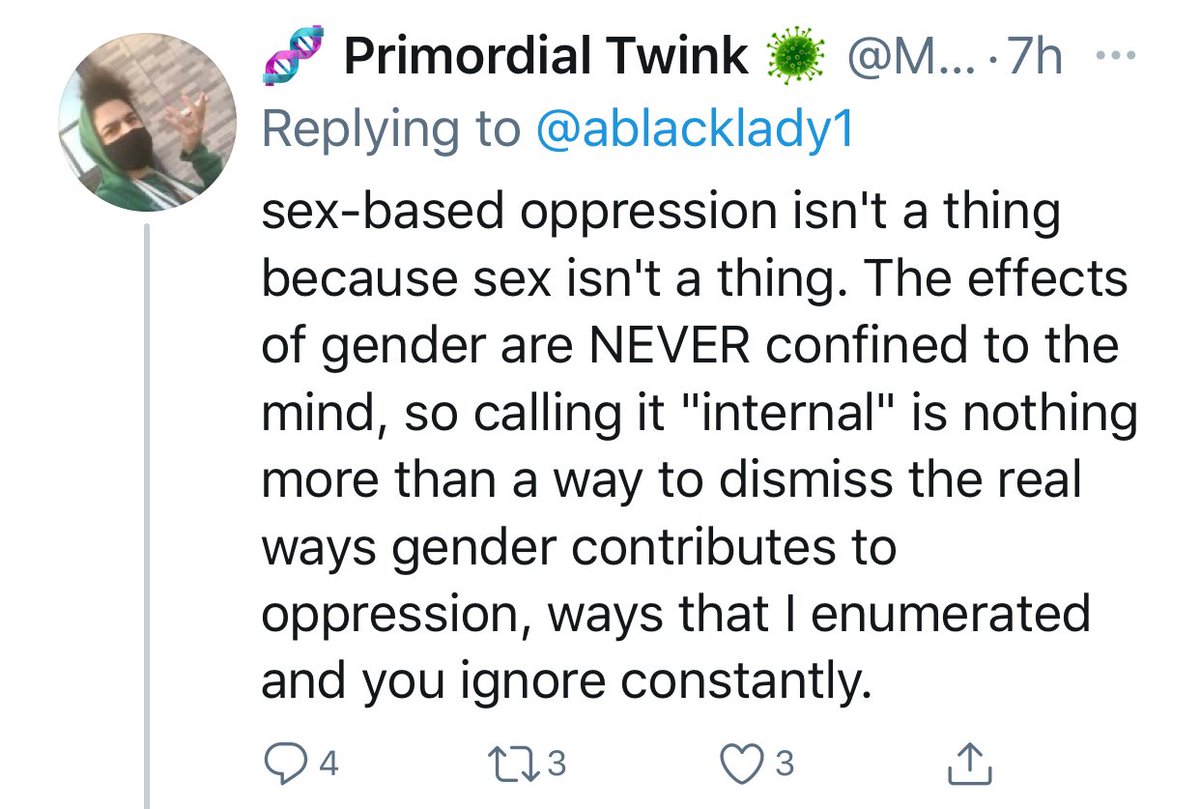  #nooneissayingsexdoesntexist but there's no such thing as discrimination based on sex because being female is just having less erectile tissue?