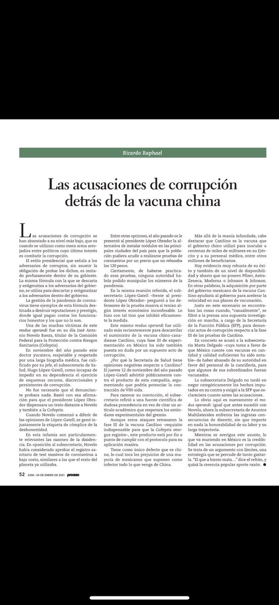 ricardomraphael's tweet image. Las acusaciones de Corrupcion contra la vacuna china. Mi columna de este fin de semana en @proceso