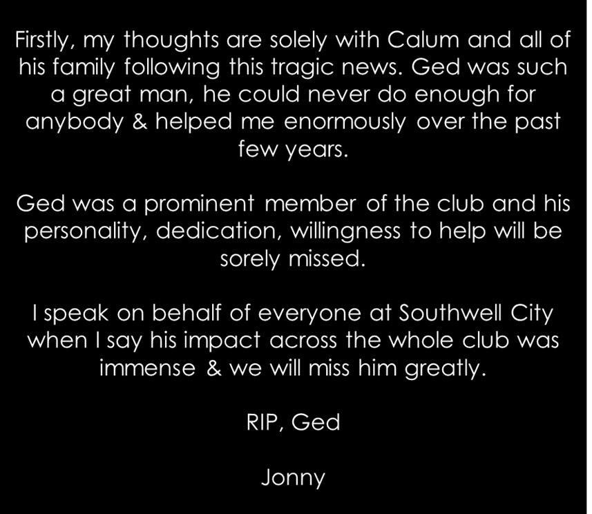 The club are devastated with the recent passing of Ged Law. Ged was not only our 1st team secretary, he was the father of Calum &amp; a person who was highly regarded throughout the club. An absolute gentleman who’ll be thoroughly missed 🖤🤍

Jonny’s statement on behalf of the club: