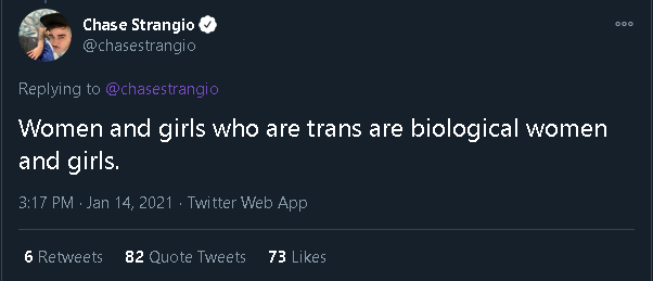  #nooneissayingsexdoesntexist except Chase, too. Chase says sex doesn't exist. (Or is reassuring us that trans people aren't robots, I suppose.)