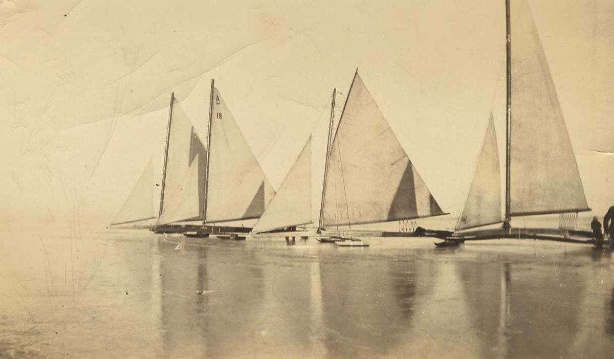 Winter in Wisconsin and cold temperatures means people on the lake.  Lake Winnebago in 1933 with four iceboats.  Donated by Janet Evans, P1986.02.24  #icefishing #icesailing #wisconsinwinters