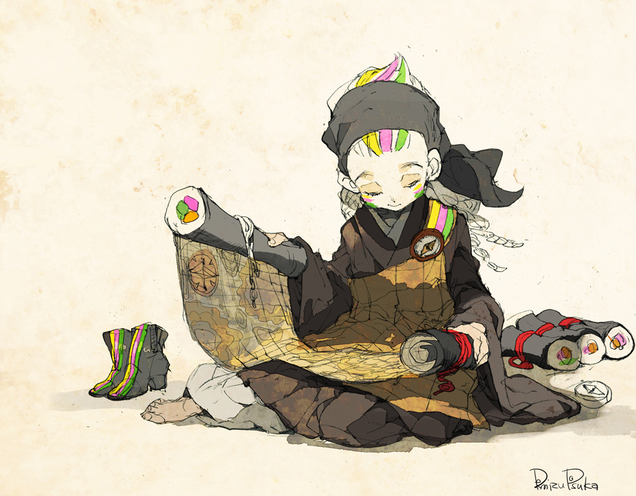 solo scroll barefoot sitting 1girl closed eyes makizushi  illustration images