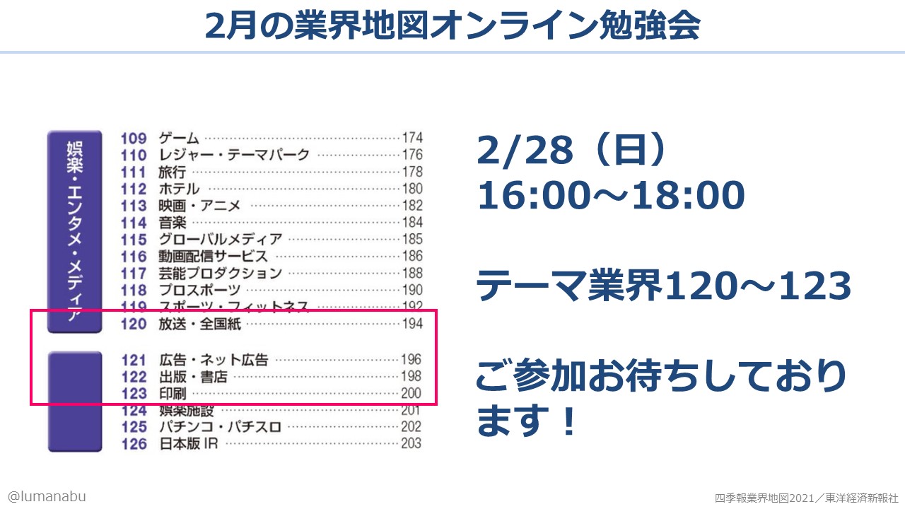 おしば 今回は広告印刷業界でした 広告業界 電通 サイバー 地図業界 ゼンリン 印刷業界 凸版 Dnp Zoom内のチャットも盛り上がって楽しかったです 日商簿記のせいで手震えながら発表したので次回リベンジします 次回は3 28 日 14 16時 Zoom