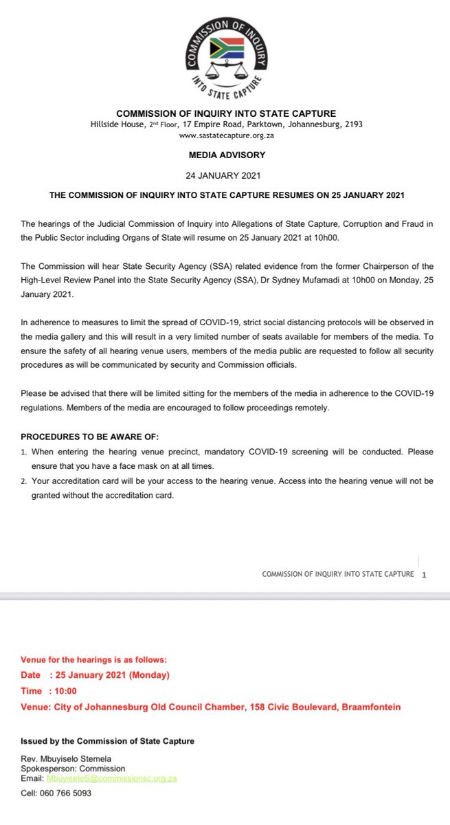 StateCaptureCom's tweet photo. The Commission will hear State Security Agency (SSA) related evidence from the Former Chairperson of the High-Level Review Panel into the State Security Agency , Dr. Sydney Mufamadi tomorrow at 10:00. #StateCaptureInquiry https://t.co/DZgGkaw3Bc