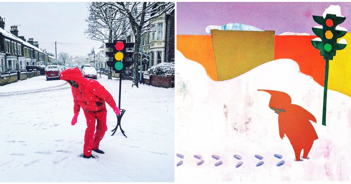 Ezra Jack Keats: Detail from The Snowy Day (1962). A book about a small boy’s delight in his first snowstorm. Reworked with hat stand and  #UKSnow. Rediscovering  #blackportraiture through  #gettymuseumchallenge.  #snow[Thread]