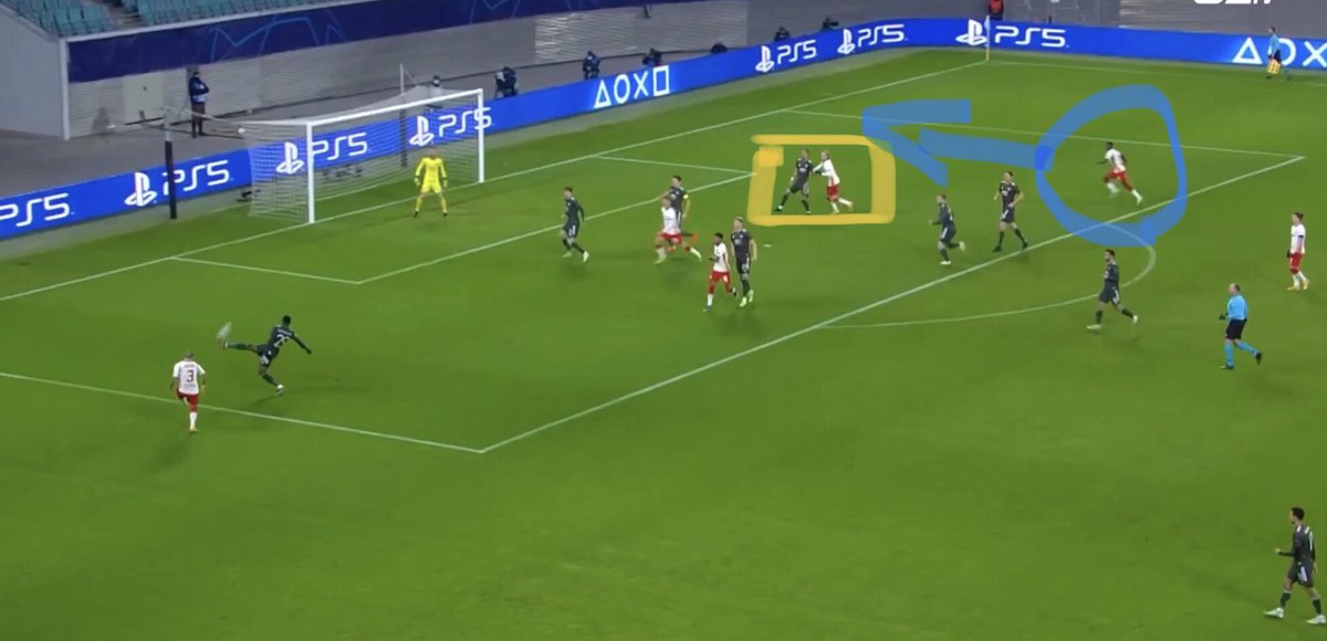 Again Forsberg occupies the wing back, and Haidara is able to make a back post run and get onto the cross uncontested to make it 2-0 Leipzig.