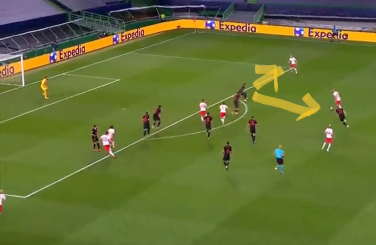 Here Leipzig have most men central. However when Laimer picks up the ball the Atleti full back is stuck with two men to mark, and has to stay narrow. Sabitzer is thus able to receive the ball space out wide and cross in for Olmo to score.