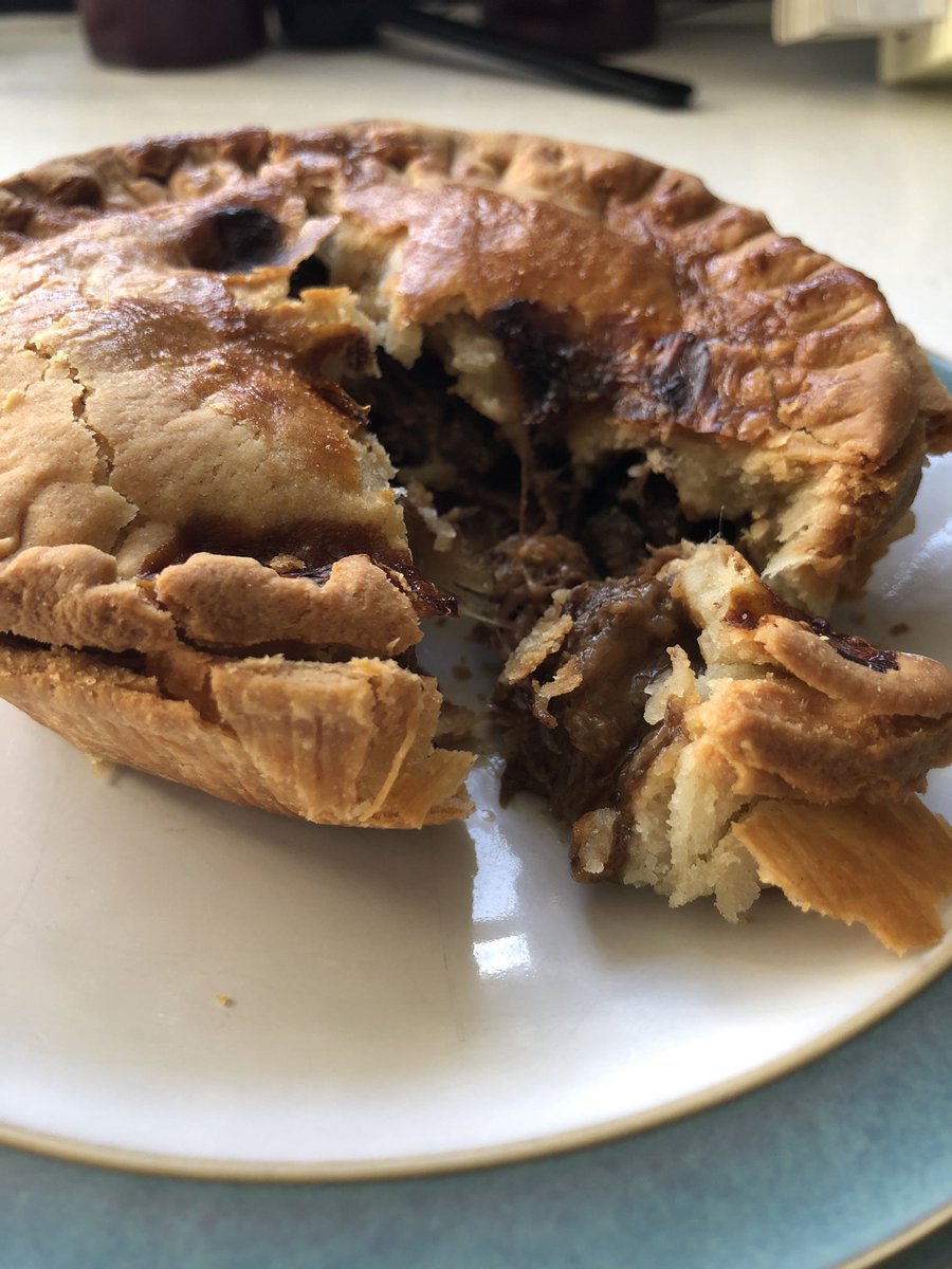 Skumbo75's tweet photo. Another day, another pie from #KennedyandRhind. Venison, prune and chestnut. Next-level piecraft, this. #pie #bait #scran https://t.co/JSKBVBaU3l