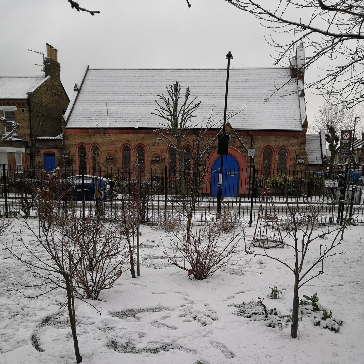 avenue_third's tweet photo. And here's our lovely wintry orchard with St Jude's Hall behind https://t.co/dBho7GkYy9