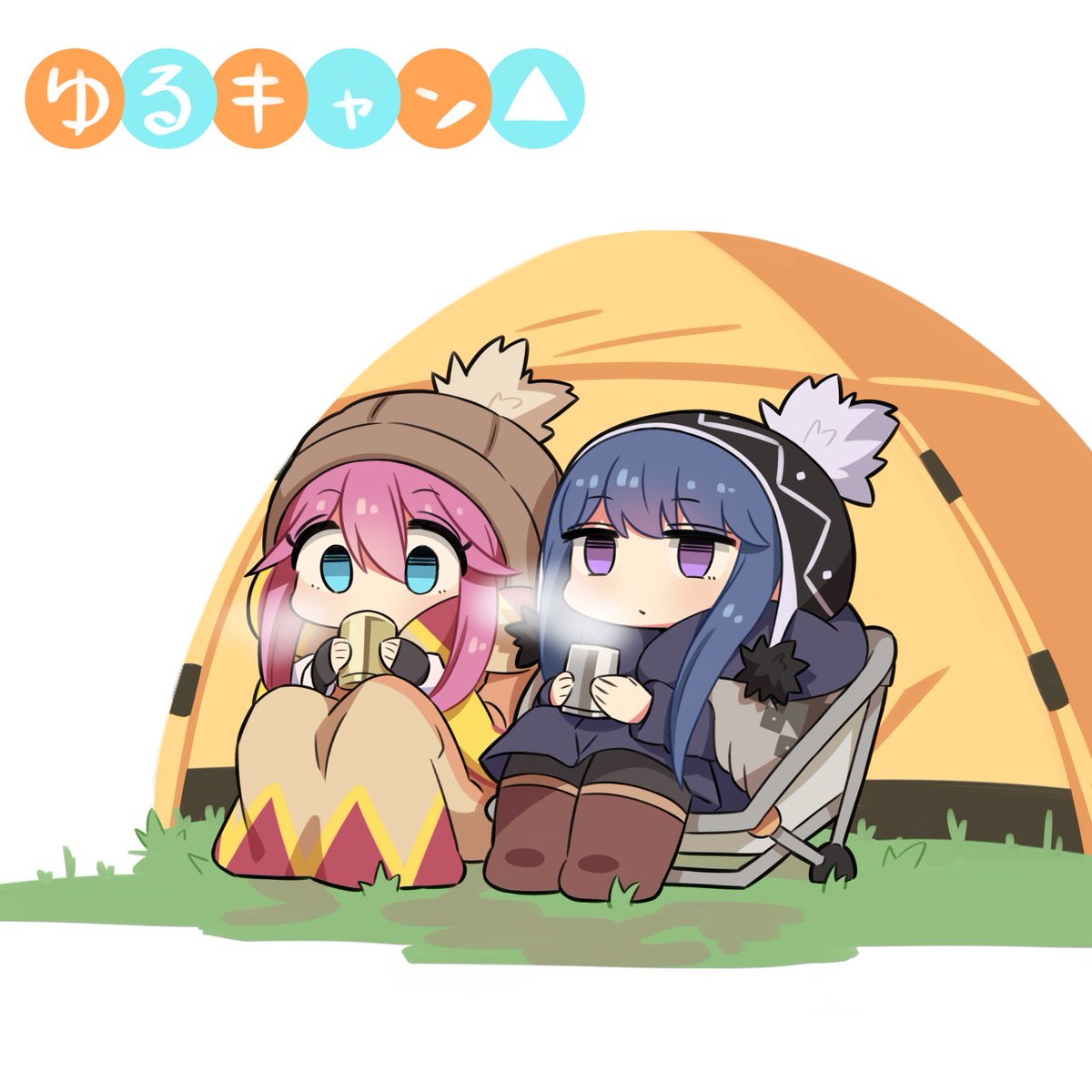 kagamihara nadeshiko ,shima rin tent 2girls multiple girls blue hair pink hair hat holding cup  illustration images