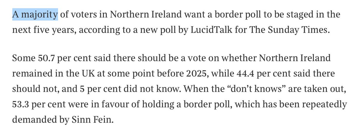 The headlines are misleading. Readers are told that a majority in Northern Ireland support holding a referendum within the next five years. It could well be a majority. But it might also be a minority, since the estimate of 50.7% has a margin of error of +/- 2.3 points. (2/7)
