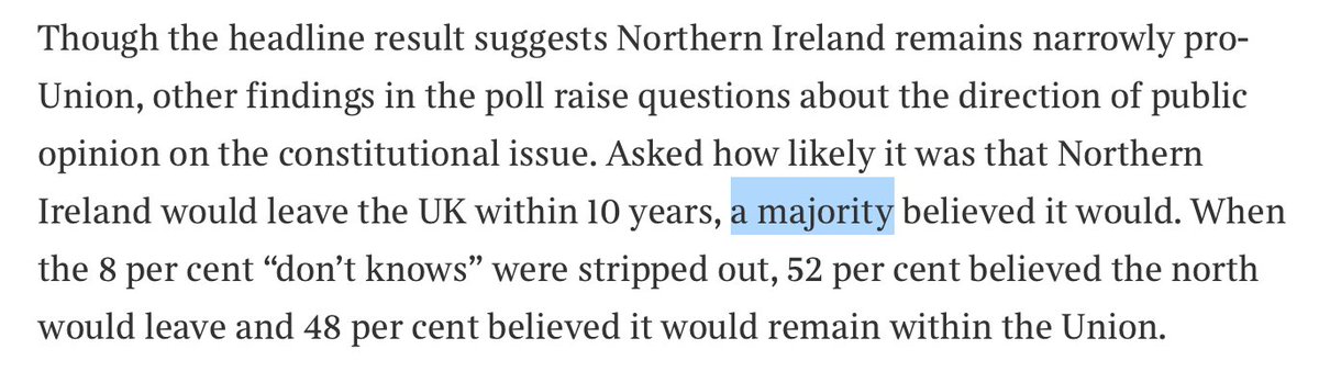 We’re also told that “a majority” think that Northern Ireland would leave the UK within 10 years. But then we’re told that it’s 52% of respondents who say this, after removing the 8% saying they don’t know. It is misleading to characterise this as a “majority.” (3/7)