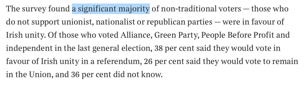 When it comes to voting intentions, we’re then told that “a significant majority” of Alliance, Green Party, People Before Profit voters would support a united Ireland in a referendum. *But*, in fact, it’s only 38% (quite clearly not >50%). (4/7)