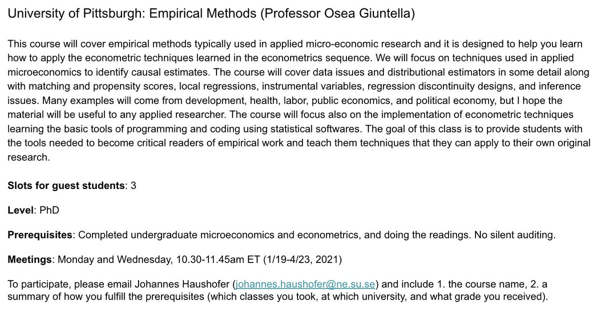 Here's another course open to guest students from low- and middle-income countries: University of Pittsburgh, Empirical Methods (PhD level), with Prof.  @Osea82! It has already started so apply immediately if you want to join. Please read the instructions below carefully first!