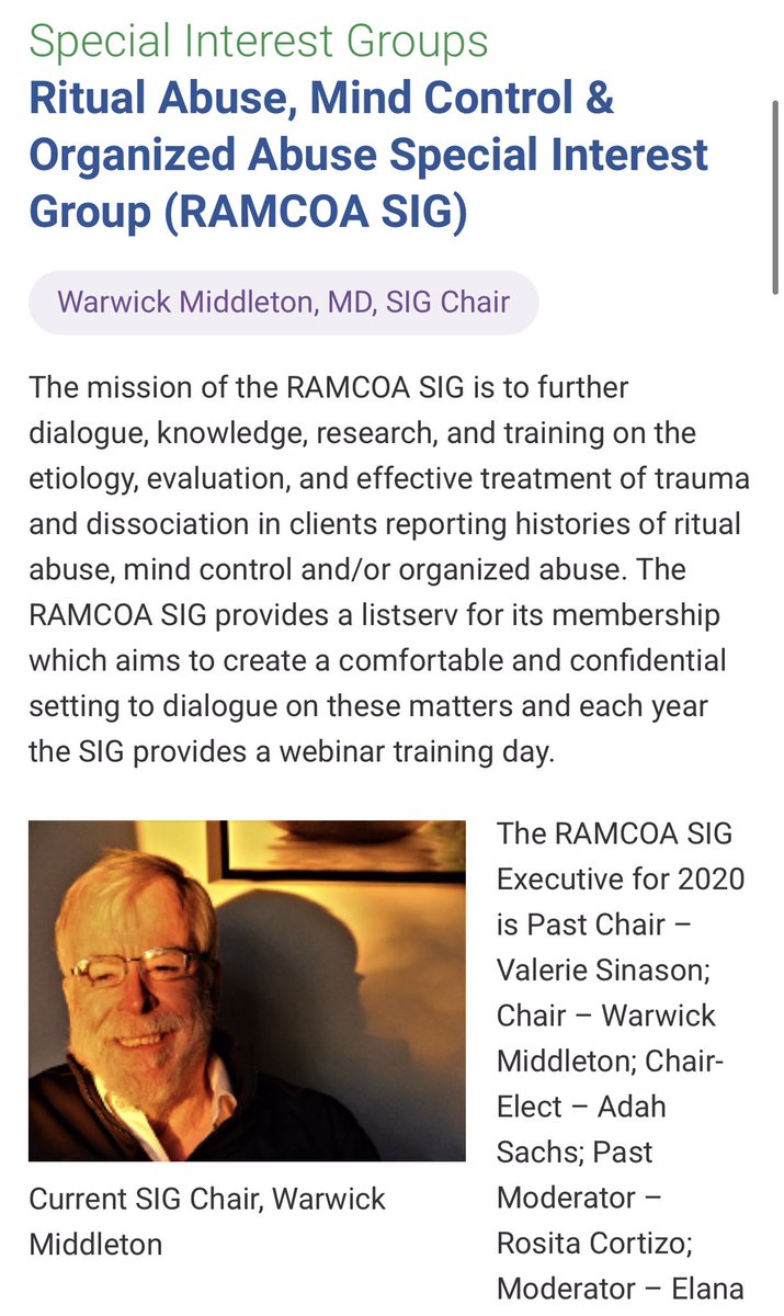  The man pictured with Jennifer Freyd is Warwick Middleton. An Australian professor who is currently head of the ISSTDs RAMCOA sig or RITUAL ABUSE, MIND CONTROL & ORGANIZED ABUSE (secularized euphemism for Satanic Ritual Abuse along with sadistic, >>>