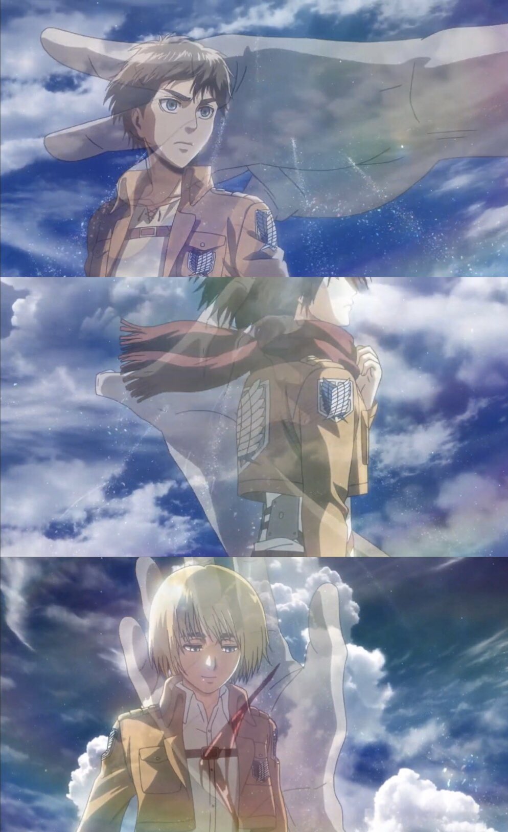 クルクル 伏線の話 アニメ3期のオープニング 子どものエレンと15歳のエレンの対比かと思っていたんだけど 15歳のエレンやミカサ アルミンに手を伸ばしていたのは大人になったエレンだったんだな 今日見返して初めて気づいた 進撃の巨人 T