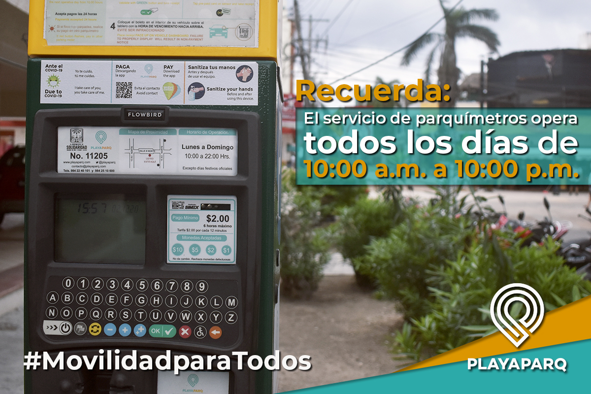 PlayaParq's tweet photo. Los #parquímetros operan todos los días de 10 a 10, si te estacionas fuera de este horario, estás exento de pago.
#Playaparq #MovilidadParaTodos #MovilidadIntegral #Solidaridad #PlayadelCarmen #CulturaVial #México #App #RivieraMaya https://t.co/JZRUZOH3xj