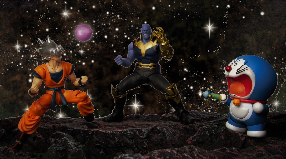 やまたつ 夜のフィギュア撮影会 1 24お題 全 全宇宙をかけた三つどもえの闘い 悟空 サノスの指パッチン を防げれば勝機あり ドラえもんのことは人造人間だと思っている サノス どちらを指パッチンで消すか究極の選択 ドラえもん サノスの指