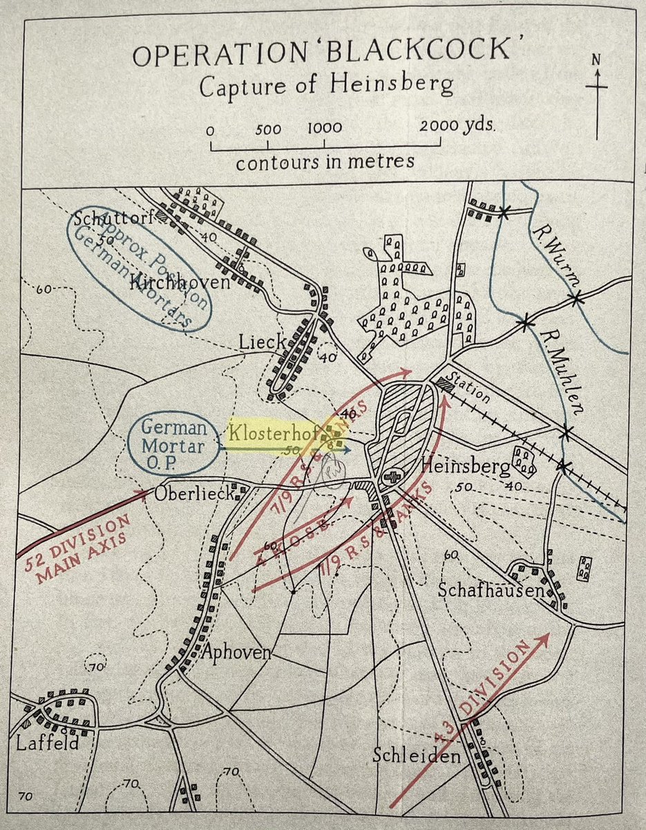 Whites company (B) was tasked to provide L flank protection to 4KOSB and link with 7/8RS, his position was to provide a screen in front of a prominent farm on the outskirts, the “Klosterhof”. The farm was occupied a German OP and machine guns. Whites platoon dug in  @WeHaveWaysPod