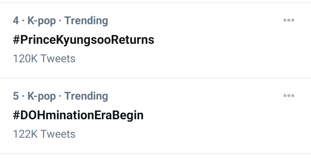 XiuminsELSA2's tweet photo. Kyungsoo hastags are trending at 4 &amp; 5 in india 🇮🇳
Come on Exodians 🔥🔥🔥
Drop the Tags for our boy

#DOHminationEraBegin
#PrinceKyungsooReturns
#우리경수_전역했디오
#어서오소_도경수_기다렸소 https://t.co/xqGkoDbD0o