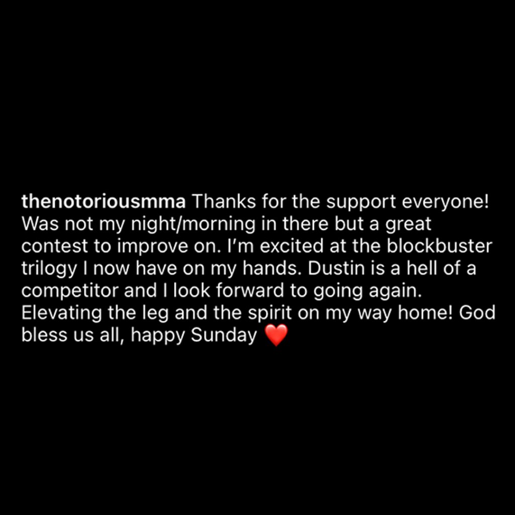 espn's tweet photo. Conor McGregor took to Instagram to thank fans for their support after losing in #UFC257

(via @TheNotoriousMMA)

@espnmma https://t.co/YWsmpv6vnn