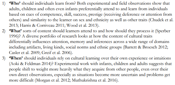 How all of this is learned is also fascinating. All of us, and particularly children, are primed to learn more from those perceived more competent, skilful, successful and prestigious. This peer-learning frequently overrides personal intuition