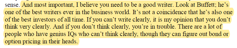 1/8 Thread: The boon and bane of writing wellMark Sellers once gave a famous speech to a group of Harvard MBAs. It was titled, "So You Want To Be The Next Warren Buffett? How’s Your Writing?"In his speech, he equated writing well to being able to think clearly.