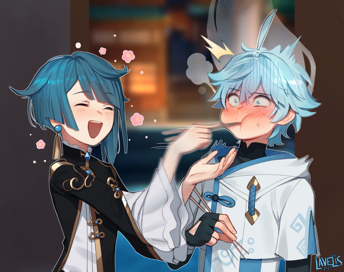 xingqiu is kind enough to share his (extremely hot and spicy) dish with his friend chongyun :3