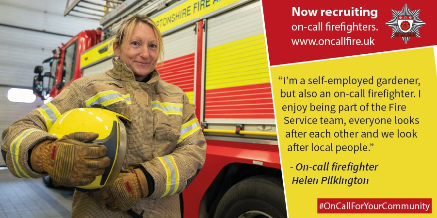 northantsfire's tweet photo. Carpenters, decorators, factory workers, hospital staff - many on-call firefighters balance this paid work with other jobs too. Helen Pilkington is a gardener who enjoys the sense of being part of a team that comes from being an on-call firefighter. Be #OnCallForYourCommunity https://t.co/xnHRt9OUEh